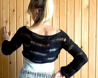 Distressed Black Bolero Shrug, Loose Open Knit Cropped Sweater with Long Sleeves, Grunge 80s Style Gender-Fluid Knitwear, See-Through Knits