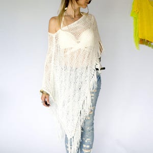White Boho Poncho Top, Bridal Cover-Up Shawl, Fringe Pool Side Shawl, Sequin Knit Asymmetric Summer Wrap, Resort Festival Beach Wedding Top