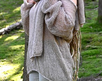 Prześwitujący sweter z moheru, beżowy sweter z dzianiny z bardzo długim rękawem, półprześwitujący lekki sweter w stylu grunge punk z lat 90.