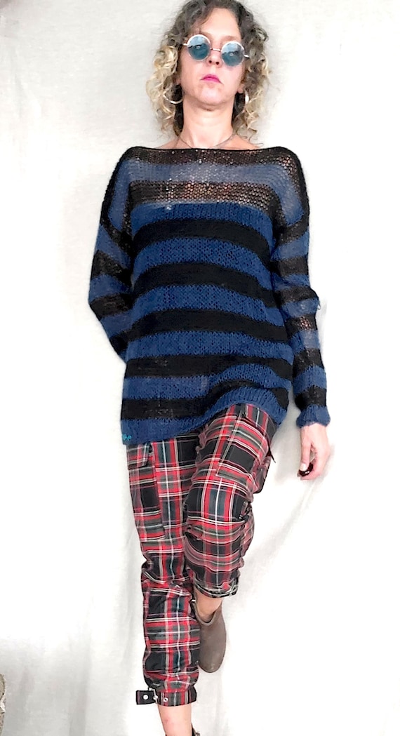 Grunge Mohair Sweater, Black Striped Sweater, Punk Rock