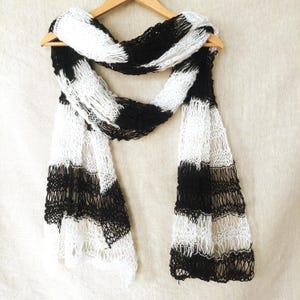 Black and White Oversized Striped Mohair Scarf, Lightweight Open-Knit Punk Grunge Extra Long Shawl, Stripes