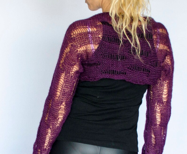 Purple Open Front Long Sleeve Cropped Cardigan, Handknitted with Soft Mohair Yarn, Mod Mesh Boho Clothing, Holiday Gifts by myAqua image 1