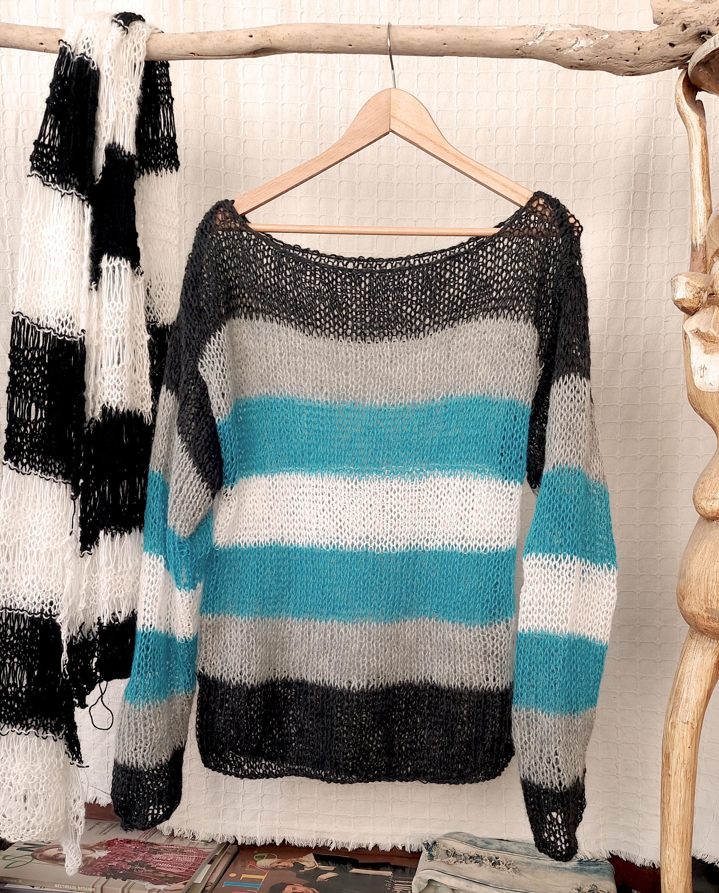Grunge Mohair Sweater, Punk Striped Knitwear, Unisex