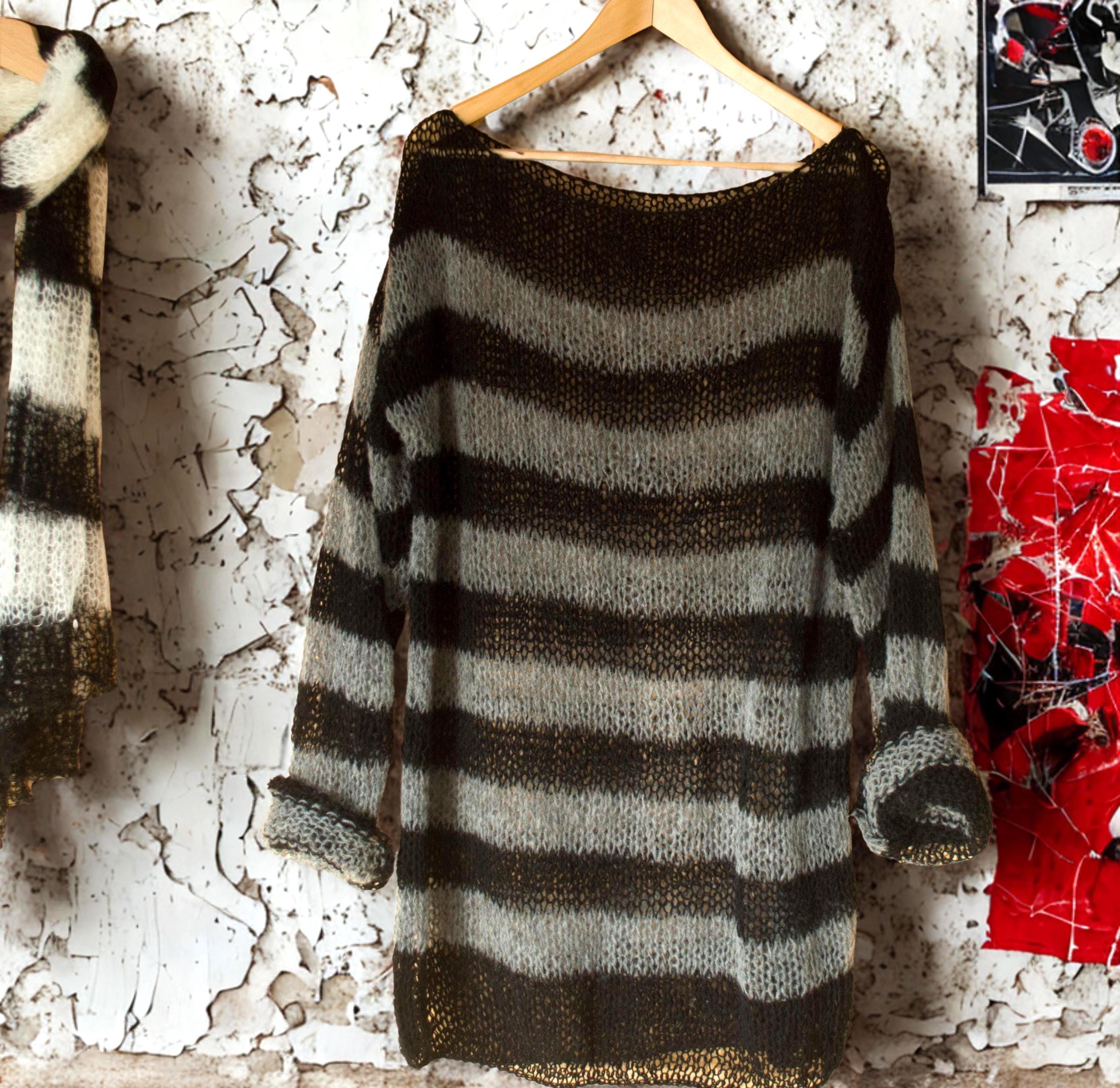 Black and Gray Striped Mohair Sweater, 90s Grunge Clothing, Punk