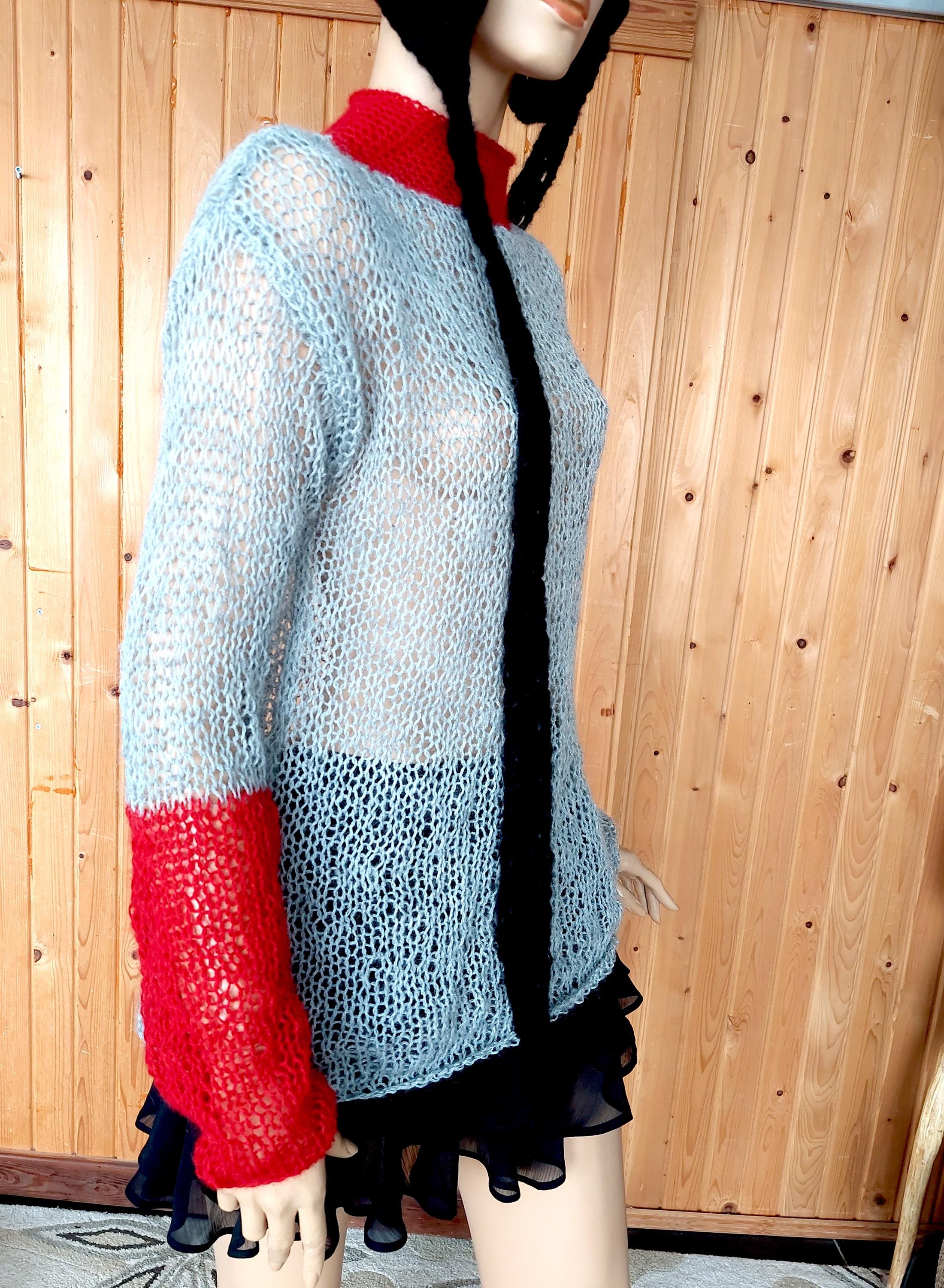 Grunge Mohair Sweater, Red & Gray See-through Knitwear, 80s