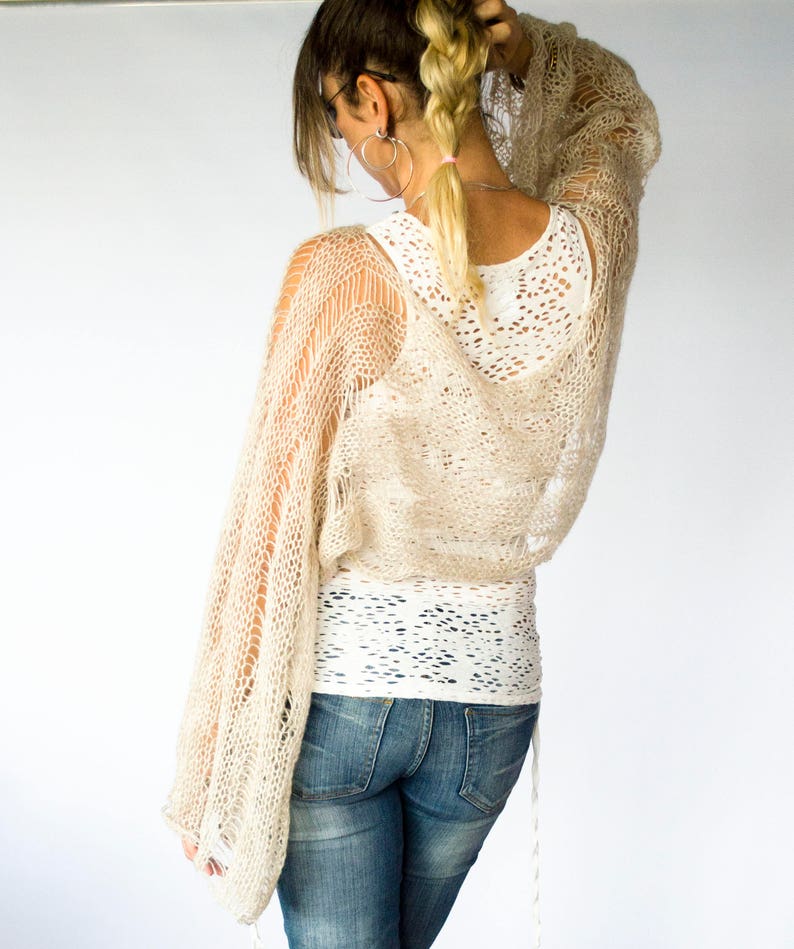 Boho Beige Cropped Sweater Loose Knit Mohair Shrug with Large Bell Sleeves Sheer Mohair Sweater Stylish See Through Knitwear by myAqua image 7