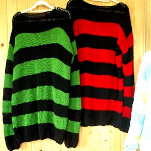 Striped Sweater, 90s Style Grunge Jumper, Nonbinary Punk Shirt, Green Red Black Stripes, Grunge Clothing, Goth Outfit, 100% Acrylic, Unisex