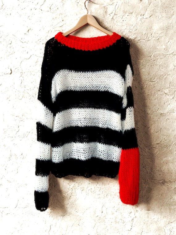Striped Grunge Mohair Sweater, Red Black White Stripey Jumper