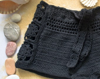 Black Crochet Shorts, Booty Short, Crochet Beach Shorts, Bikini Cover Up, 1960's Beach Fashion, Feminine Crochet Festival Outfit by myAqua