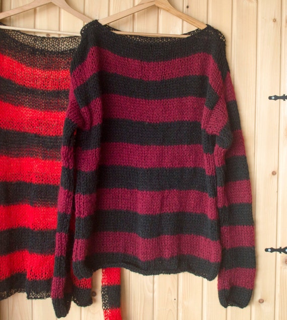 Striped Sweater, Punk Mohair Jumper, Burgundy and Black Striped Sweater, Punk Mohair Jumper, Burgundy and Black