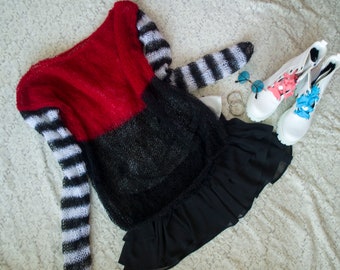 Red & Black Mohair Sweater with Black White Striped Sleeves, Punk Mohair Jumper, See Through Hand-knit Sweater by myAqua
