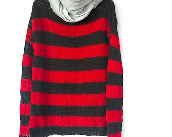 Unisex Mohair Sweater, Red and Black Striped Jumper, Red Striped Pullover, Black Clothing, Men Women Punk Style Mohair Sweater Top by myAqua