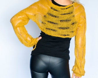 Mohair Bolero Shrug in Saffron Yellow, Hand Knit Shrug, Mohair Cardigan, Lightweight Bolero Shrug for Fall Summer Evenings by myAqua