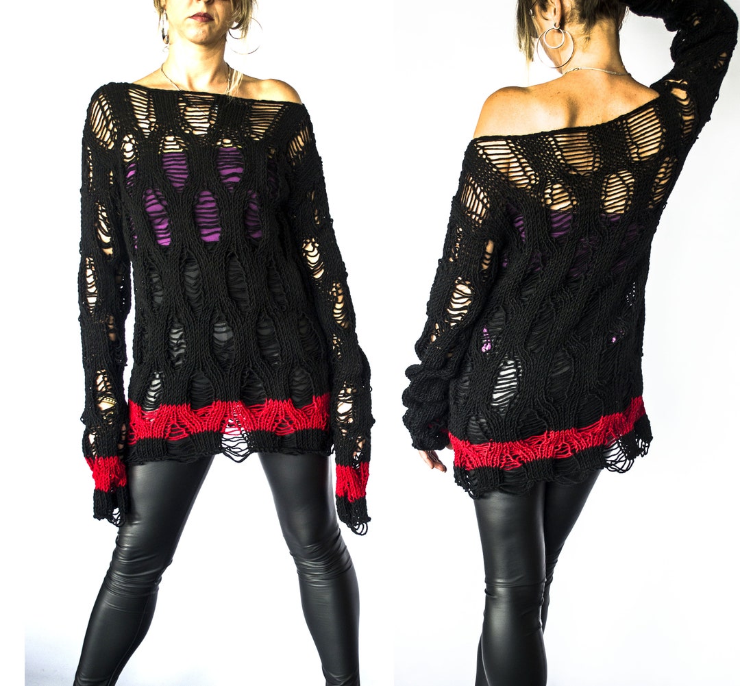 Striped Punk Sweater Red Black Shredded Grunge Jumper With Etsy