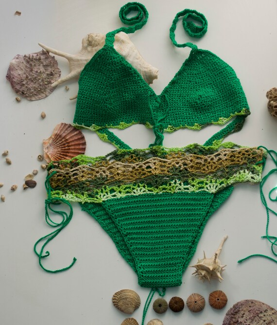 Bikini de ganchillo verde parte superior e inferior de bikini trajes de bano hechos a mano