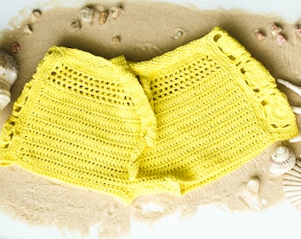 Crochet Shorts, Crochet Beach Shorts, Yellow Beach Shorts,  Cotton Crochet Beach Clothes, Festival Bottom Hotpants, Low Cut Shorts by myAqua