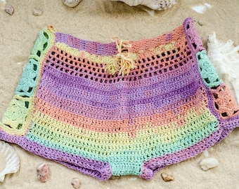 Crochet Shorts, Boho Beach Shorts, 1960s Style Low Waisted Booty Shorts,  Pastel Rainbow, 60&#39;s Disco Shorts, Crochet Pastel Pant