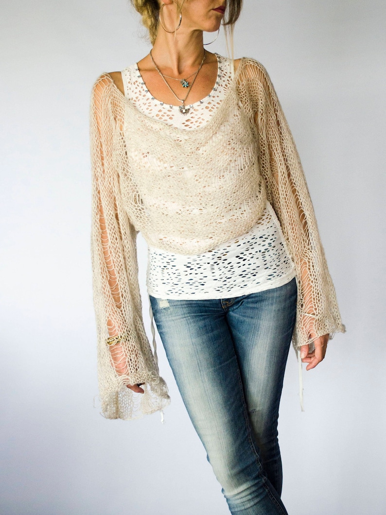beige see through cropped mohair sweater