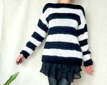 Black White Striped Mohair Sweater, Punk Grunge Goth Jumper with Full Sleeves, Hand Knit Gothic Clothing, Custom Unisex Halloween Sweater