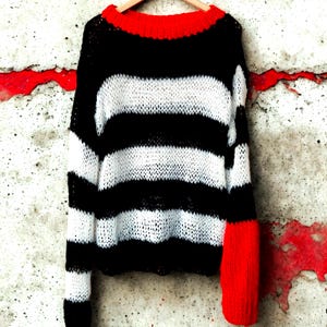 Punk Striped Mohair Sweater, Grunge Knit Jumper, Loose Knit Oversized Pullover, Alt Fashion Goth Streetwear, Hand-knit clothing
