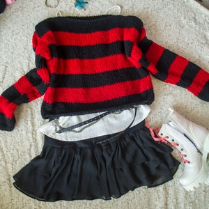 Red Black Striped Sweater, Cropped Sweater, 90s Style Grunge Jumper, Nonbinary Punk Pullover, Grunge Clothing, Genderneutral Gifts