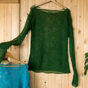 Mohair Sweater, Green Knit Shirt, Forest Green Sweater, Hand Knit Mohair Jumper, See Through Sweater, Women&#39;s Lightweight Sweater by myAqua