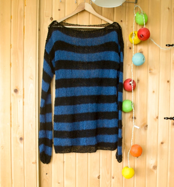 Grunge Mohair Sweater, Black Striped Sweater, Punk Rock Concert Outfit, Nonbinary Mohair Jumper, Blue Striped Sweater Kpop Outfit by myAQUA Grunge Mohair Sweater, Black Striped Sweater, Punk Rock Concert Outfit, Nonbinary Mohair Jumper, Blue Striped Sweater Kpop Outfit by myAQUA