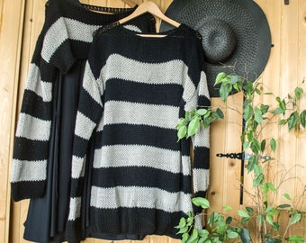 Black and Beige Striped Hand Knit Sweater in 90s Grunge Style, Nonbinary Harajuku Clothing, Oversized y2k Grunge Sweater by myAqua