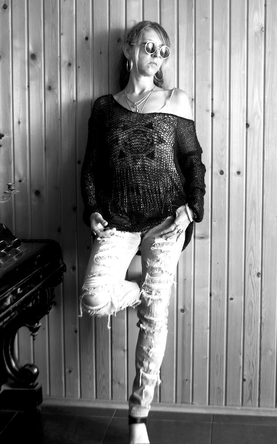 Sheer Knit Mohair Sweater, Black V Neck Jumper, See-through Dark