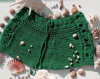 forest green crochet shorts, custom booty shorts, rave knitted mini boxer shorts