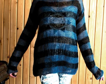 Grunge Mohair Sweater, Black Striped Sweater, Punk Rock