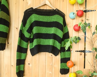 Black Striped Cropped Sweater - GenZ Grunge Harajuku Nonbinary Punk Goth Jumper Gift by myAqua (Blue Green Orange Yellow and black striped)