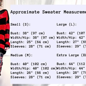 size chart and measurements for the sweater