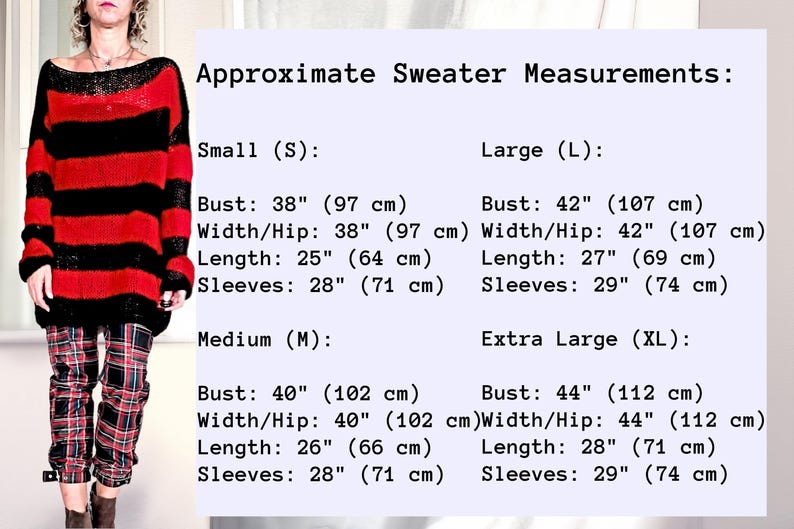 size chart and measurements for the sweater