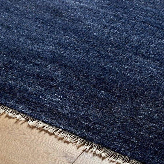 Navy Blue Handloom Rug, Dark Blue Textured Area Rug, Solid Woven Carpet with Fringe, Modern Minimalist Living Room Bedroom Decor