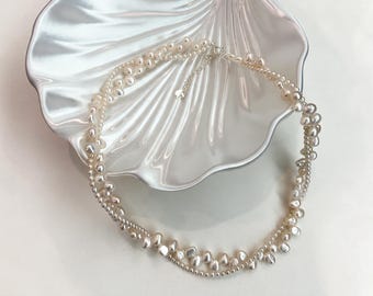 Handmade Double-Strand Pearl Choker Necklace | Twisted Two-Tone Freshwater Pearls | S925 Sterling Silver