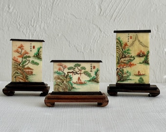 Set of 3, Vintage Chinese Miniature Tabletop Yanping Screens, Bone Carvings