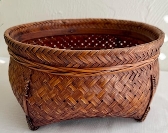 Rare Mid-century Ifugao Snail Basket - Authentic Handwoven Philippine Tribal Harvest Basket, Deep Smoke Patina, (10” x 5.25”)