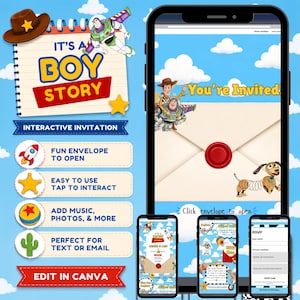 May include: An interactive digital invitation template featuring Toy Story characters, including Woody, Buzz Lightyear, and Slinky Dog. The design includes a blue sky background with clouds, an envelope graphic, and editable fields for RSVP and event details.