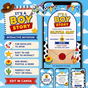May include: A digital interactive invitation template titled It's a Boy Story featuring a blue sky with clouds, a cowboy hat, a space ranger, a rocket, and a ball. The invitation includes event details for Olivia May on June 15, 2026, at Pizza Planet.