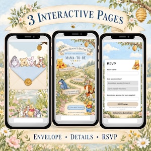 May include: Three smartphone screens displaying an interactive digital baby shower invitation featuring Winnie the Pooh characters. The screens show an envelope, event details with a path illustration, and an RSVP form with fields for name and song.