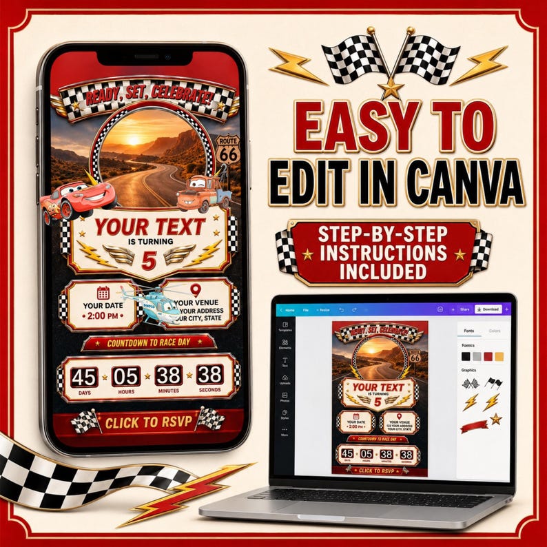 Smartphone Car Racing Race Car Birthday Invitation, Interactive Canva Website Invite, Route ...