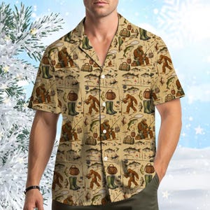 Chemise hawaïenne Bigfoot Pêcheur, imprimé motif Sasquatch Pêcheur, graphisme vintage d'équipement de pêche, chemise boutonnée humoristique à motif de créature mythique, unisexe