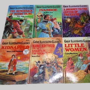 May include: A collection of six paperback books with colourful covers featuring illustrations. The titles include "The Hunchback of Notre Dame", "Ivanhoe", "A Journey to the Centre of the Earth", "Kidnapped", "King Arthur and the Knights of the Round Table", and "Little Women".