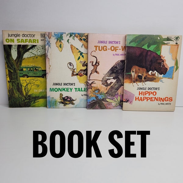Jungle Doctor Book Set by Paul White, Vintage Illustrated Books, Hippo Happenings, Tug of War, Monkey Tales, On Safari, Christian Missionary