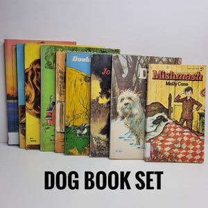May include: A set of ten vintage children's books about dogs. The books have colorful covers with illustrations of dogs and the titles "Ferncliff", "Double Trouble", "Jo", "D", "Mishmash Molly Cone", "The Twiddle", "Dog's Day", "The Big Surprise", "The Dog Who Came to Stay", and "The Dog Who Went to School".