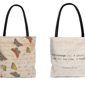 Bolsa de mano para bibliófilos, regalo para amantes de la lectura, bolsa de mano para bibliófilos, inspirada en efímeras, amor por la lectura, mariposas antiguas, carta antigua, aspecto antiguo