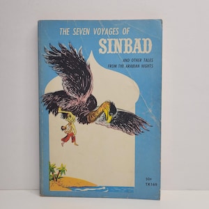 Siedem podróży Sindbada, Baśnie tysiąca i jednej nocy, opowiedziane na nowo przez Gladys Davidson, zilustrowane przez Irmę Wilde, książka dla dzieci w stylu vintage, SBS TX169