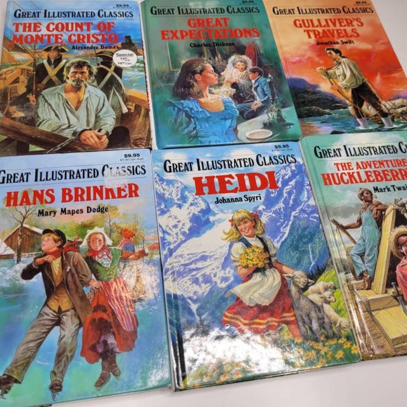 May include: A collection of six Great Illustrated Classics books with colourful covers featuring illustrations of characters from the stories. The titles include The Count of Monte Cristo, Great Expectations, Gulliver's Travels, Hans Brinker, Heidi, and The Adventures of Huckleberry Finn.