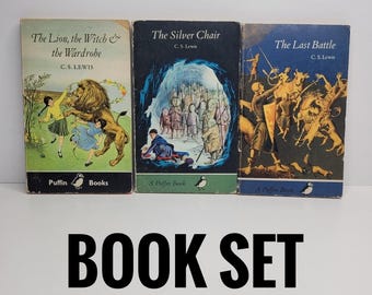 UK Narnia Book Set by CS Lewis, Illustrated by Pauline Baynes, Lion Witch Wardrobe, Silver Chair, Last Battle, Vintage Kids Books, Aslan